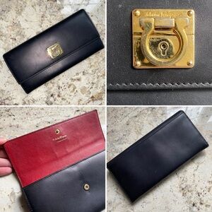 Salvatore Ferragamo $680 Long Black / Red Wallet Ganchini Leather Wallet EUC